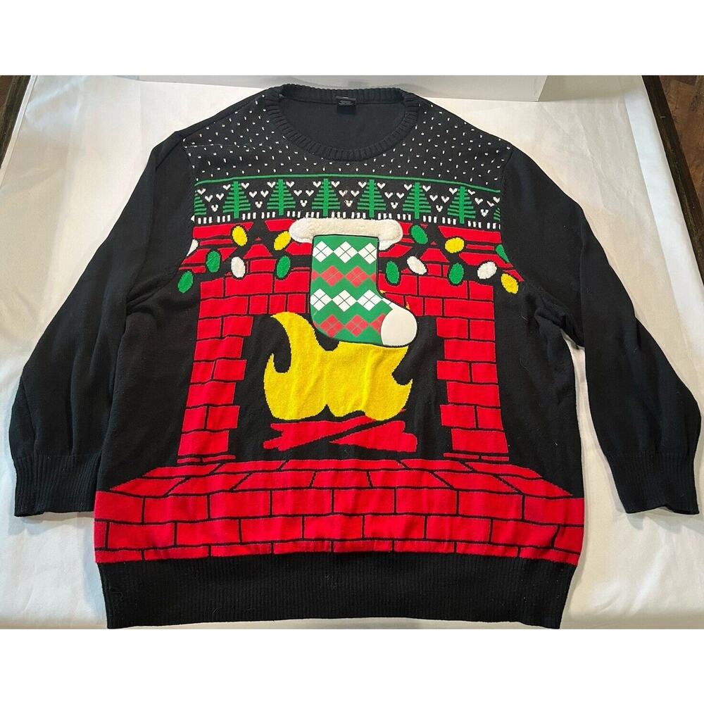 Well Worn Ugly Christmas Sweater Fireplace Stocking 4XL Black Long Sleeve Lights